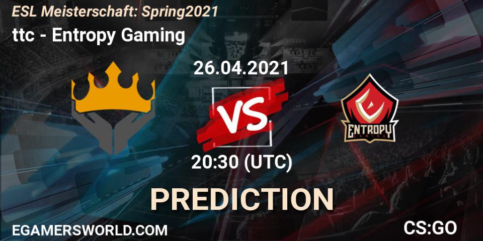 ttc vs Entropy Gaming: Match Prediction. 26.04.2021 at 20:30, Counter-Strike (CS2), ESL Meisterschaft: Spring 2021