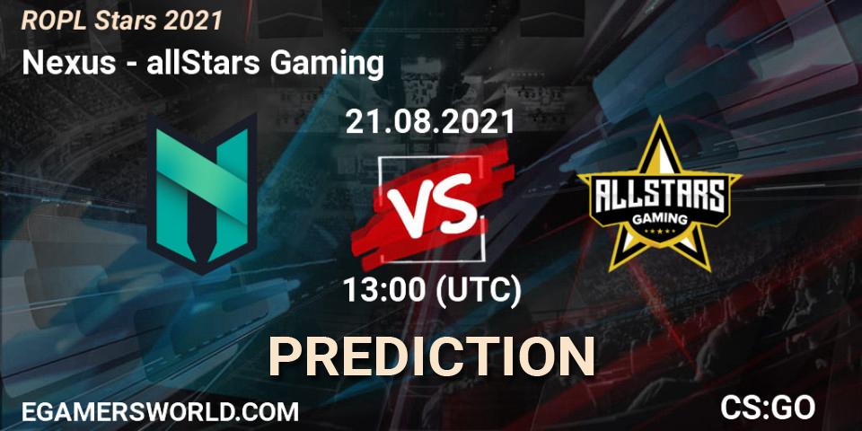 Nexus vs allStars Gaming: Match Prediction. 21.08.2021 at 16:45, Counter-Strike (CS2), ROPL Stars 2021