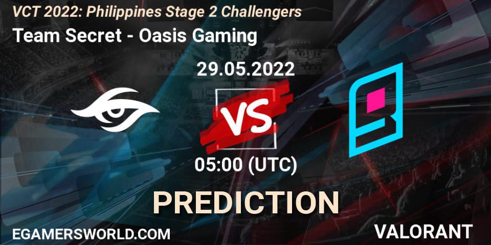 Team Secret vs Oasis Gaming: Match Prediction. 29.05.2022 at 05:00, VALORANT, VCT 2022: Philippines Stage 2 Challengers