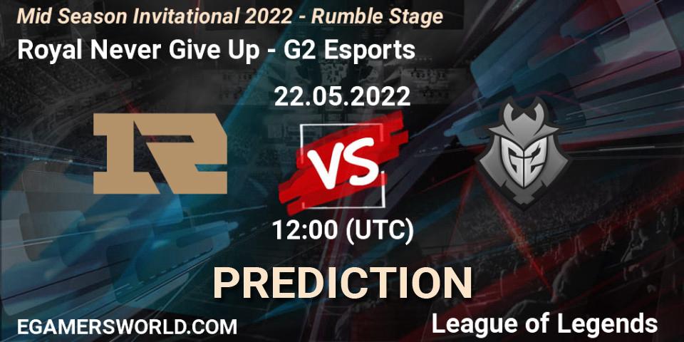 Royal Never Give Up vs G2 Esports: Match Prediction. 22.05.2022 at 12:00, LoL, Mid Season Invitational 2022 - Rumble Stage
