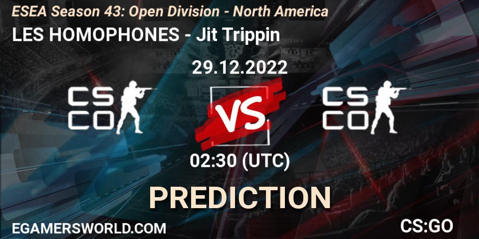LES HOMOPHONES vs Jit Trippin: Match Prediction. 29.12.2022 at 02:30, Counter-Strike (CS2), ESEA Season 43: Open Division - North America