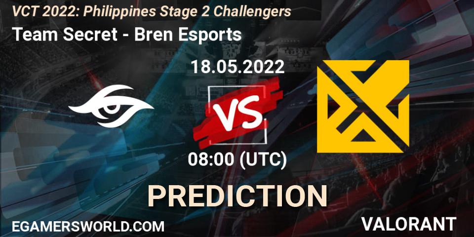 Team Secret vs Bren Esports: Match Prediction. 18.05.2022 at 09:00, VALORANT, VCT 2022: Philippines Stage 2 Challengers
