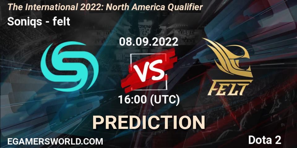 Soniqs vs felt: Match Prediction. 08.09.22, Dota 2, The International 2022: North America Qualifier