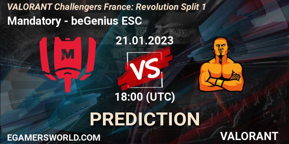 Mandatory vs beGenius ESC: Match Prediction. 21.01.2023 at 18:00, VALORANT, VALORANT Challengers 2023 France: Revolution Split 1