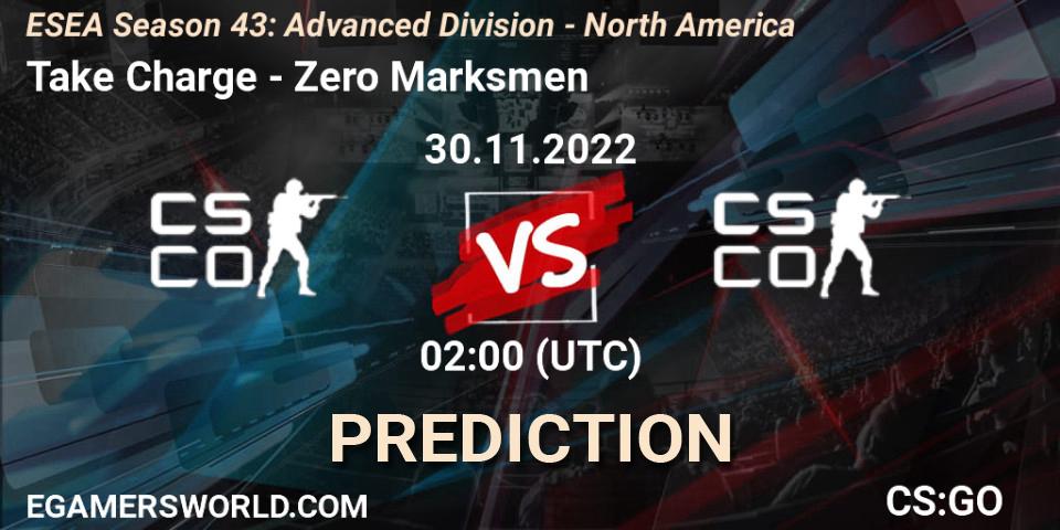 Take Charge vs Zero Marksmen: Match Prediction. 30.11.2022 at 02:00, Counter-Strike (CS2), ESEA Season 43: Advanced Division - North America