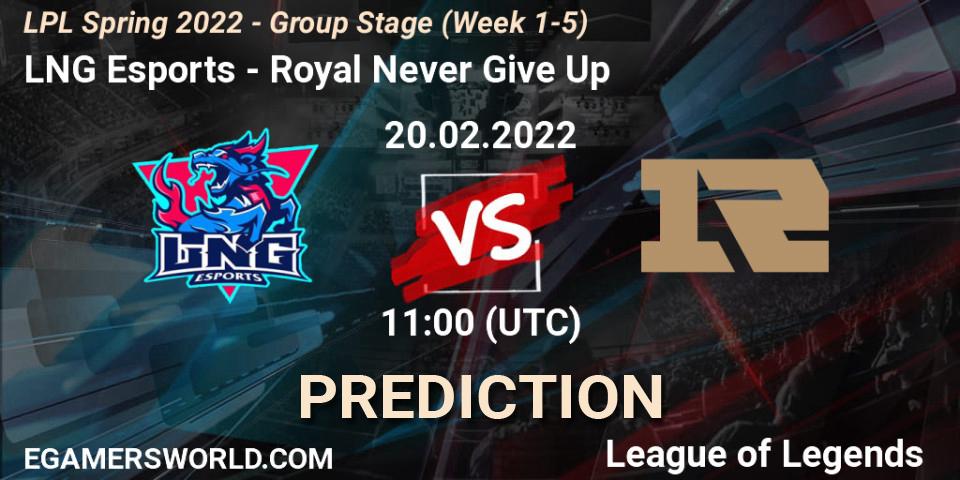LNG Esports vs Royal Never Give Up: Match Prediction. 20.02.2022 at 12:00, LoL, LPL Spring 2022 - Group Stage (Week 1-5)