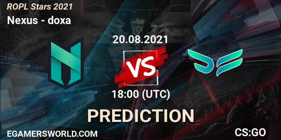 Nexus vs doxa: Match Prediction. 20.08.2021 at 18:00, Counter-Strike (CS2), ROPL Stars 2021