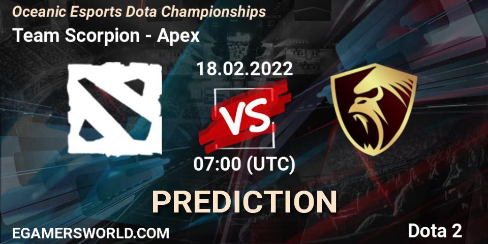 Team Scorpion vs Apex: Match Prediction. 18.02.2022 at 07:18, Dota 2, Oceanic Esports Dota Championships