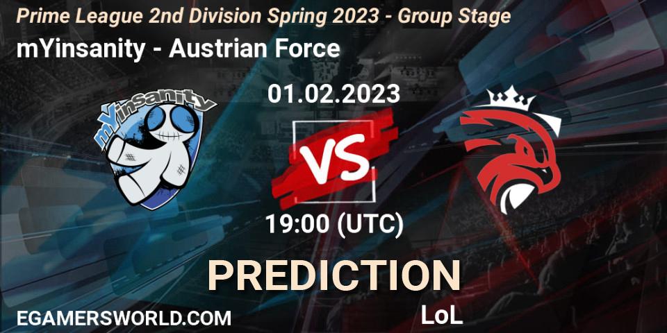mYinsanity vs Austrian Force: Match Prediction. 01.02.2023 at 19:00, LoL, Prime League 2nd Division Spring 2023 - Group Stage