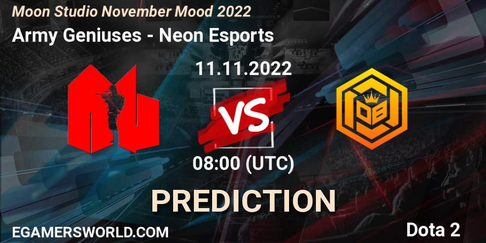 Army Geniuses vs Neon Esports: Match Prediction. 11.11.2022 at 08:23, Dota 2, Moon Studio November Mood 2022