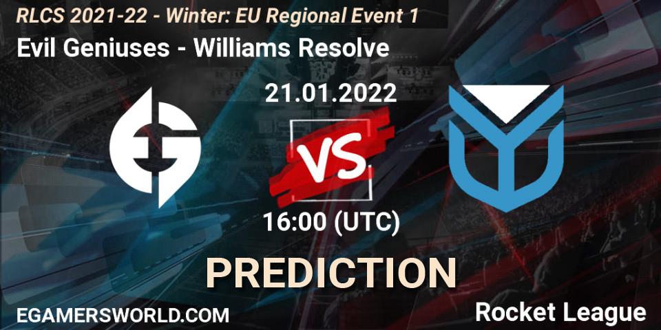 Evil Geniuses vs Williams Resolve: Match Prediction. 21.01.2022 at 16:00, Rocket League, RLCS 2021-22 - Winter: EU Regional Event 1
