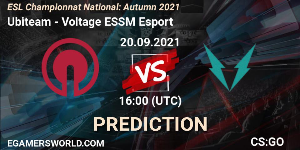Ubiteam vs Voltage ESSM Esport: Match Prediction. 20.09.2021 at 19:30, Counter-Strike (CS2), ESL Championnat National: Autumn 2021