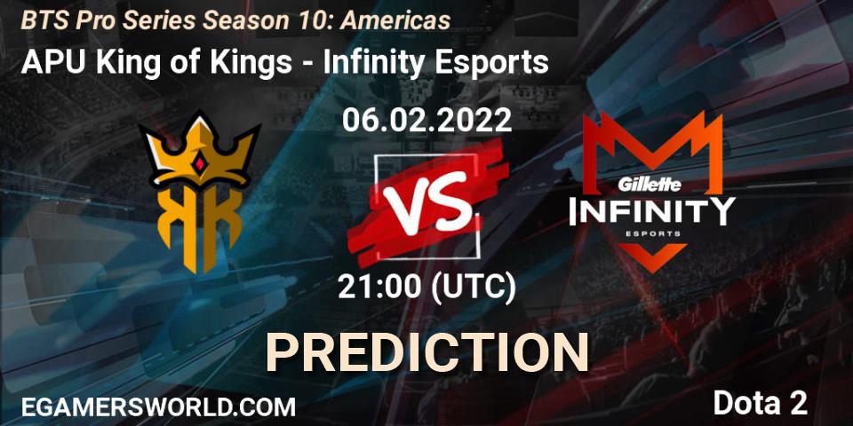 APU King of Kings vs Infinity Esports: Match Prediction. 06.02.2022 at 20:57, Dota 2, BTS Pro Series Season 10: Americas