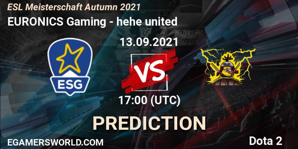 EURONICS Gaming vs hehe united: Match Prediction. 13.09.2021 at 17:01, Dota 2, ESL Meisterschaft Autumn 2021