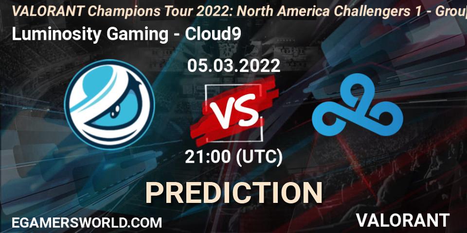 Luminosity Gaming vs Cloud9: Match Prediction. 05.03.2022 at 21:15, VALORANT, VCT 2022: North America Challengers 1 - Group Stage
