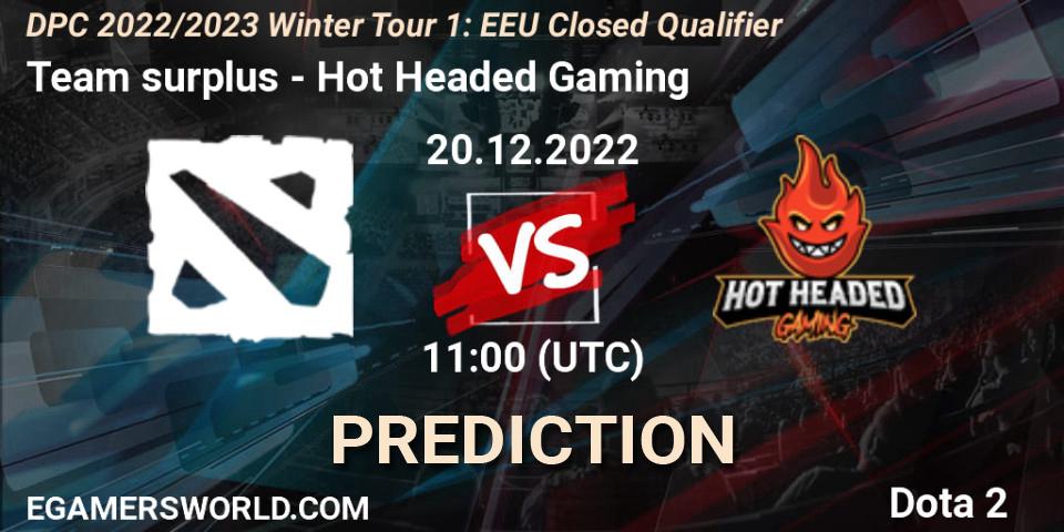 Team surplus vs Hot Headed Gaming: Match Prediction. 20.12.2022 at 10:37, Dota 2, DPC 2022/2023 Winter Tour 1: EEU Closed Qualifier