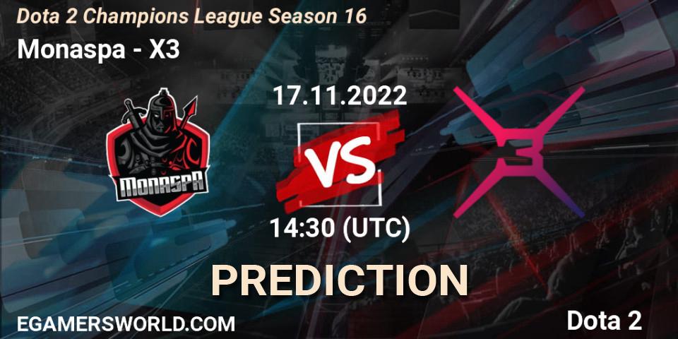 Monaspa vs X3: Match Prediction. 17.11.2022 at 14:36, Dota 2, Dota 2 Champions League Season 16
