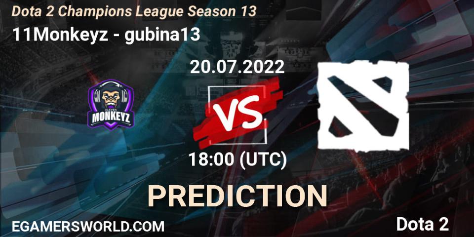 11Monkeyz vs gubina13: Match Prediction. 20.07.2022 at 18:01, Dota 2, Dota 2 Champions League Season 13