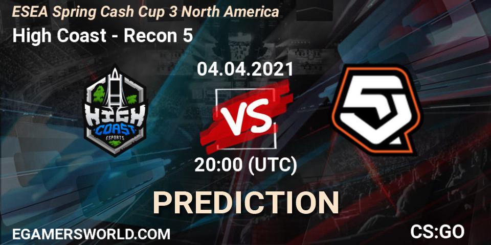 High Coast vs Recon 5: Match Prediction. 04.04.2021 at 20:00, Counter-Strike (CS2), ESEA Cash Cup: North America - Spring 2021 #3