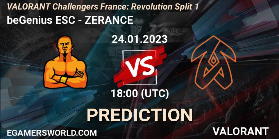 beGenius ESC vs ZERANCE: Match Prediction. 24.01.2023 at 18:10, VALORANT, VALORANT Challengers 2023 France: Revolution Split 1