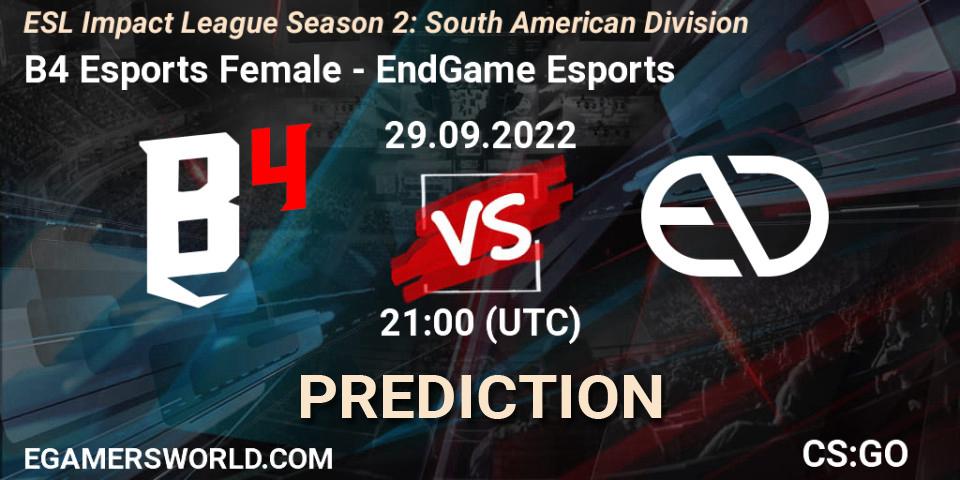 B4 Esports Female vs EndGame Esports: Match Prediction. 29.09.2022 at 21:00, Counter-Strike (CS2), ESL Impact League Season 2: South American Division