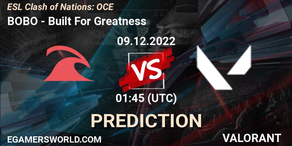 BOBO vs Built For Greatness: Match Prediction. 09.12.22, VALORANT, ESL Clash of Nations: OCE