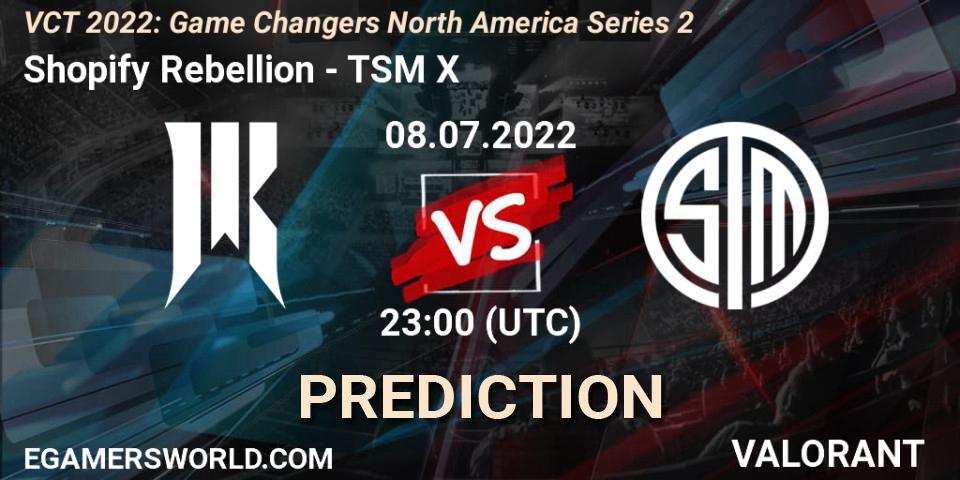 Shopify Rebellion vs TSM X: Match Prediction. 08.07.2022 at 22:30, VALORANT, VCT 2022: Game Changers North America Series 2