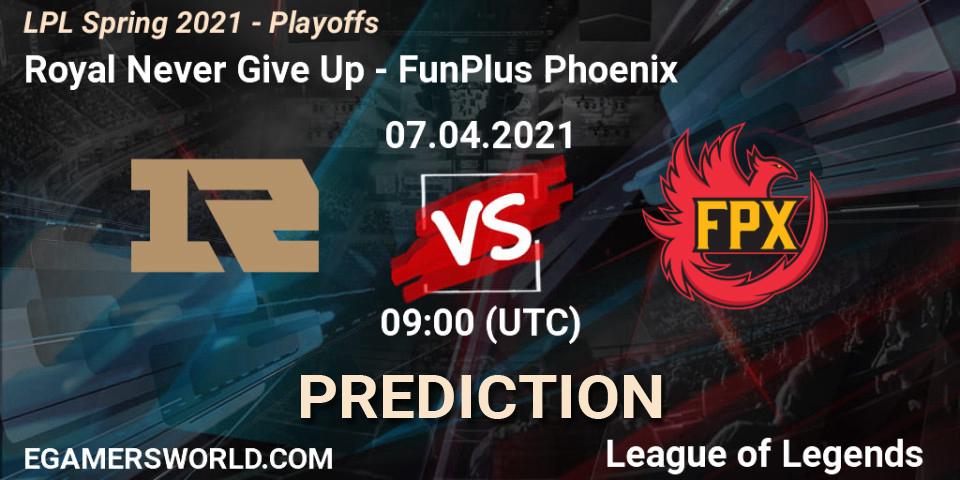 Royal Never Give Up vs FunPlus Phoenix: Match Prediction. 07.04.2021 at 09:00, LoL, LPL Spring 2021 - Playoffs