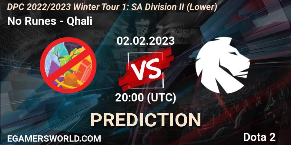 No Runes vs Qhali: Match Prediction. 02.02.23, Dota 2, DPC 2022/2023 Winter Tour 1: SA Division II (Lower)