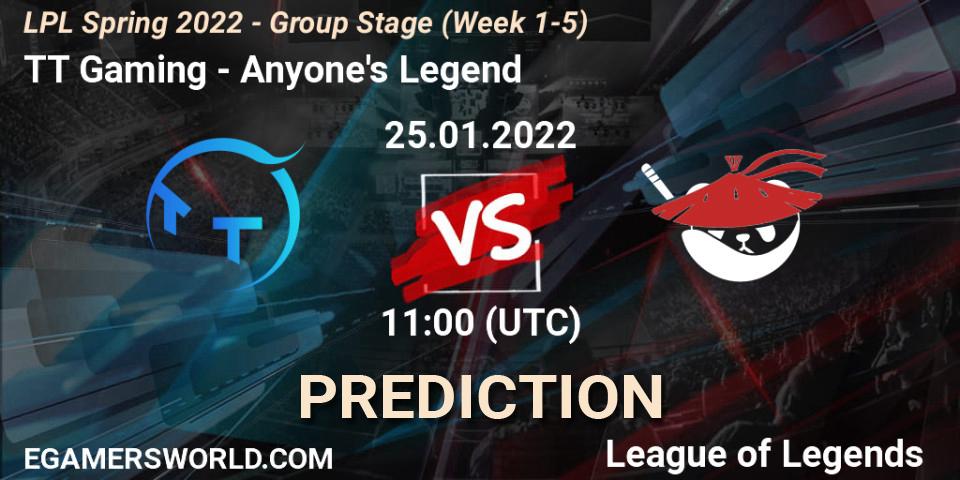 TT Gaming vs Anyone's Legend: Match Prediction. 25.01.22, LoL, LPL Spring 2022 - Group Stage (Week 1-5)