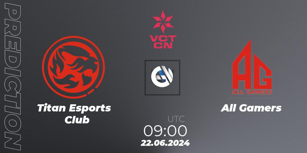 Titan Esports Club vs All Gamers: Match Prediction. 22.06.2024 at 09:00, VALORANT, VALORANT Champions Tour China 2024: Stage 2 - Group Stage