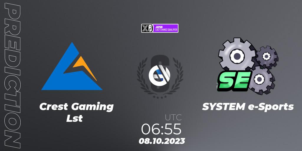 Crest Gaming Lst vs SYSTEM e-Sports: Match Prediction. 08.10.2023 at 06:55, Rainbow Six, Japan League 2023 - Stage 2 - Last Chance Qualifiers