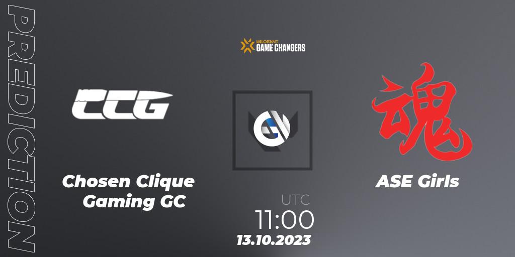 Chosen Clique Gaming GC vs ASE Girls: Match Prediction. 13.10.2023 at 11:00, VALORANT, VALORANT Champions Tour 2023: Game Changers China Qualifier