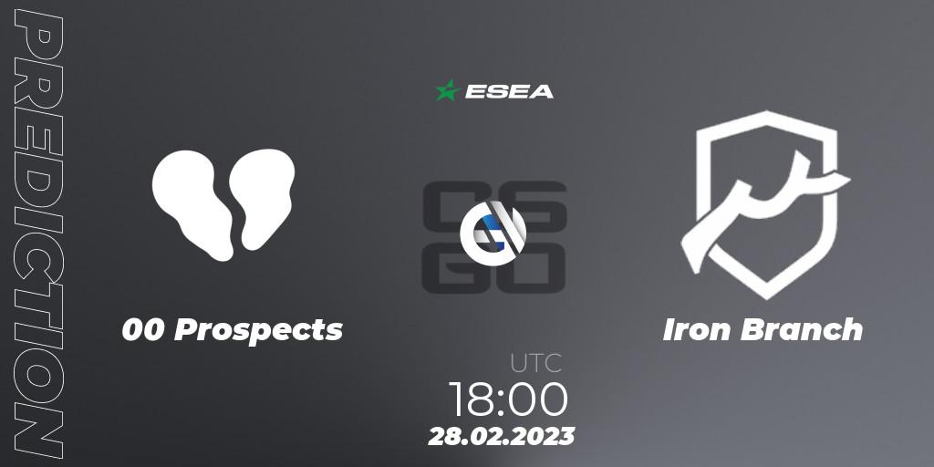 00 Prospects vs Iron Branch: Match Prediction. 28.02.2023 at 18:00, Counter-Strike (CS2), ESEA Season 44: Advanced Division - Europe