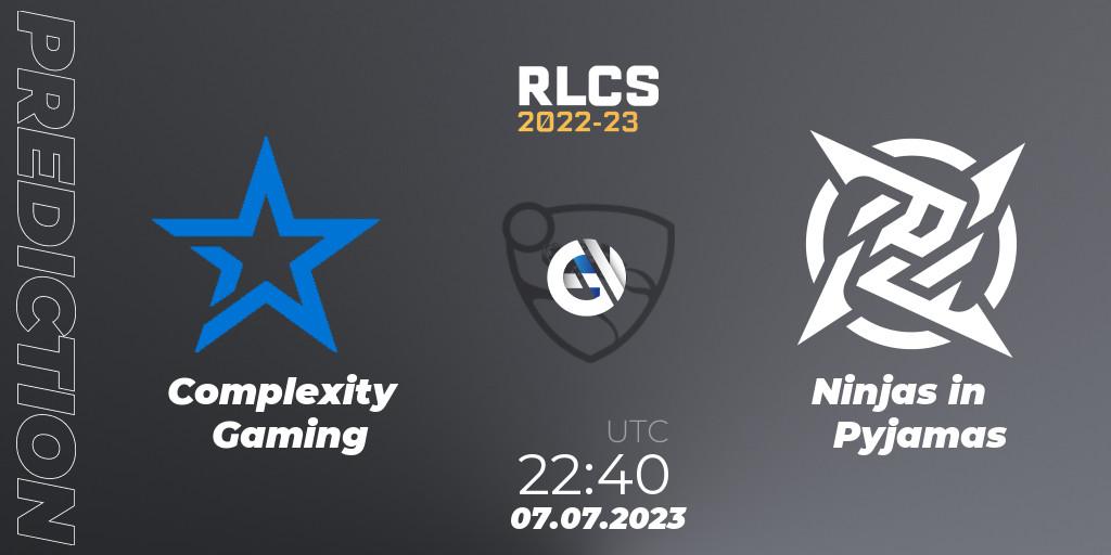 Complexity Gaming vs Ninjas in Pyjamas: Match Prediction. 07.07.2023 at 23:00, Rocket League, RLCS 2022-23 Spring Major