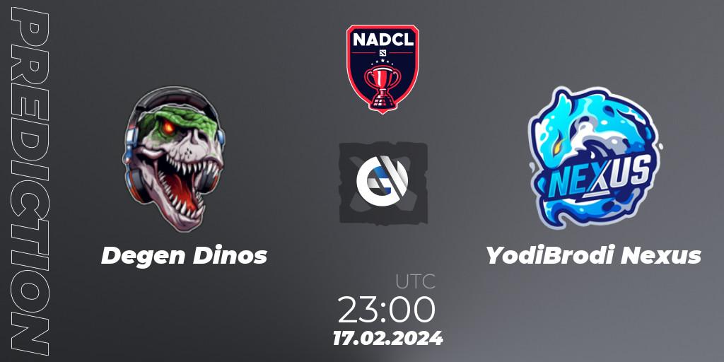 Degen Dinos vs YodiBrodi Nexus: Match Prediction. 17.02.2024 at 23:00, Dota 2, North American Dota Challengers League Season 6 Division 1