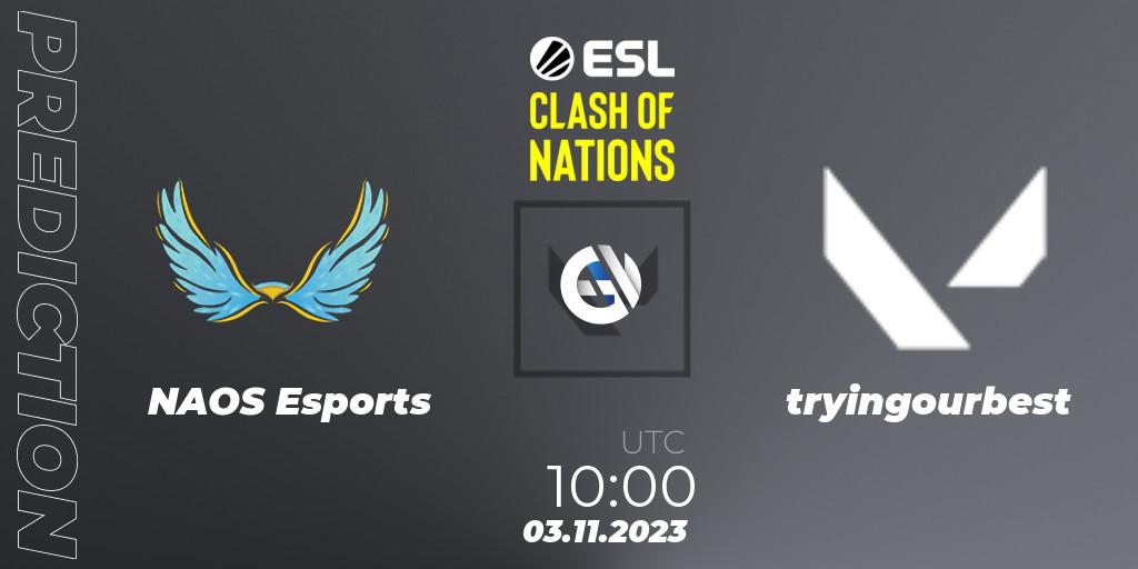 NAOS Esports vs tryingourbest: Match Prediction. 03.11.2023 at 10:00, VALORANT, ESL Clash of Nations 2023 - SEA Closed Qualifier