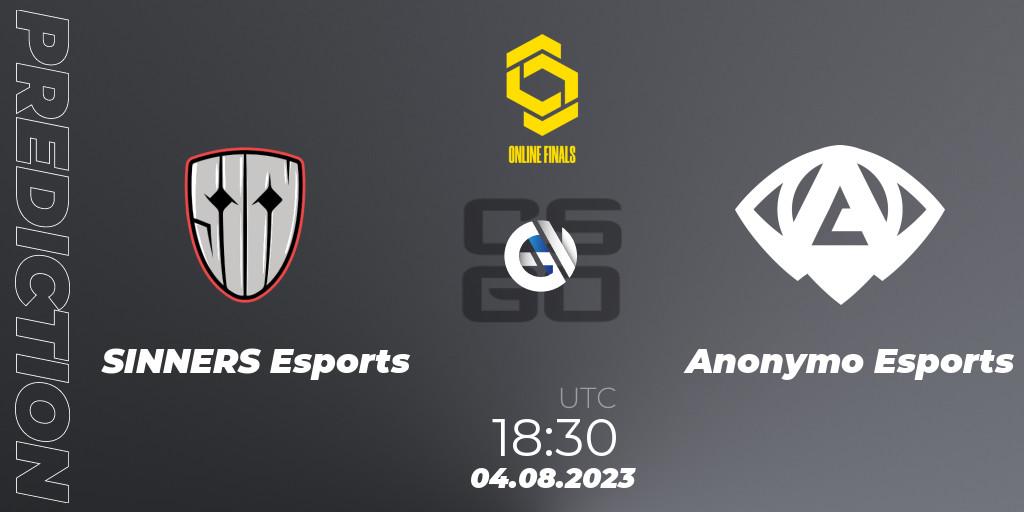 SINNERS Esports vs Anonymo Esports: Match Prediction. 04.08.2023 at 20:35, Counter-Strike (CS2), CCT 2023 Online Finals 2