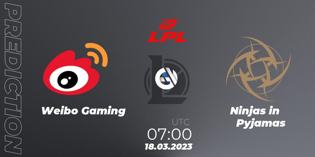 Weibo Gaming vs Ninjas in Pyjamas: Match Prediction. 18.03.2023 at 07:00, LoL, LPL Spring 2023 - Group Stage