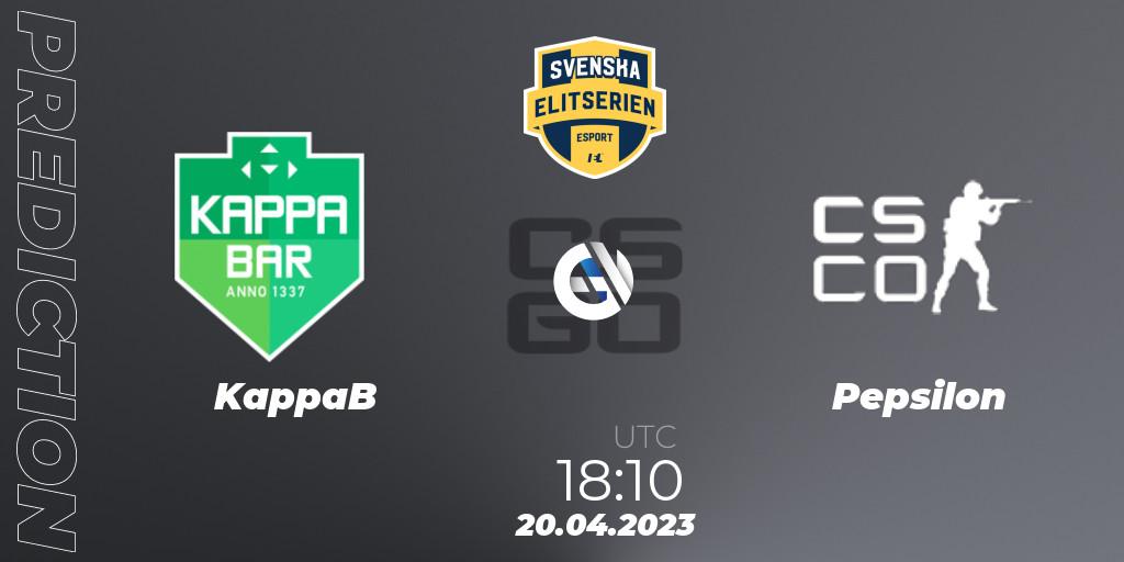 KappaB vs Pepsilon: Match Prediction. 20.04.2023 at 18:10, Counter-Strike (CS2), Svenska Elitserien Spring 2023: Online Stage