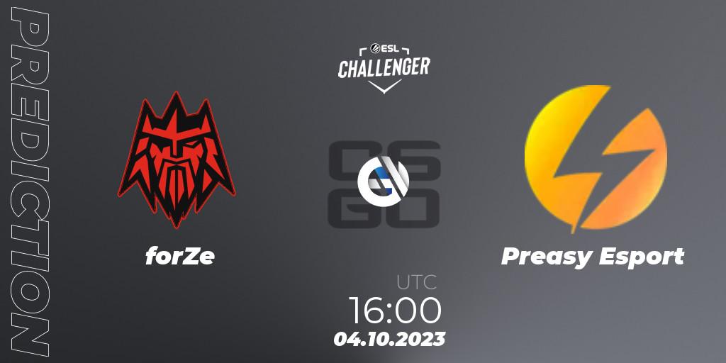 forZe vs Preasy Esport: Match Prediction. 04.10.2023 at 16:00, Counter-Strike (CS2), ESL Challenger at DreamHack Winter 2023: European Open Qualifier