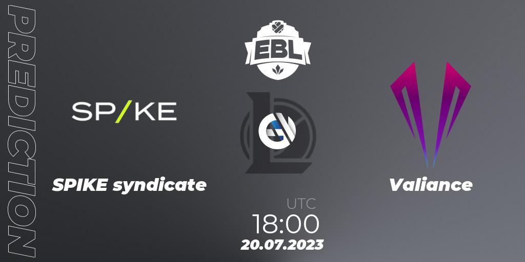 SPIKE syndicate vs Valiance: Match Prediction. 22.06.2023 at 20:00, LoL, Esports Balkan League Season 13