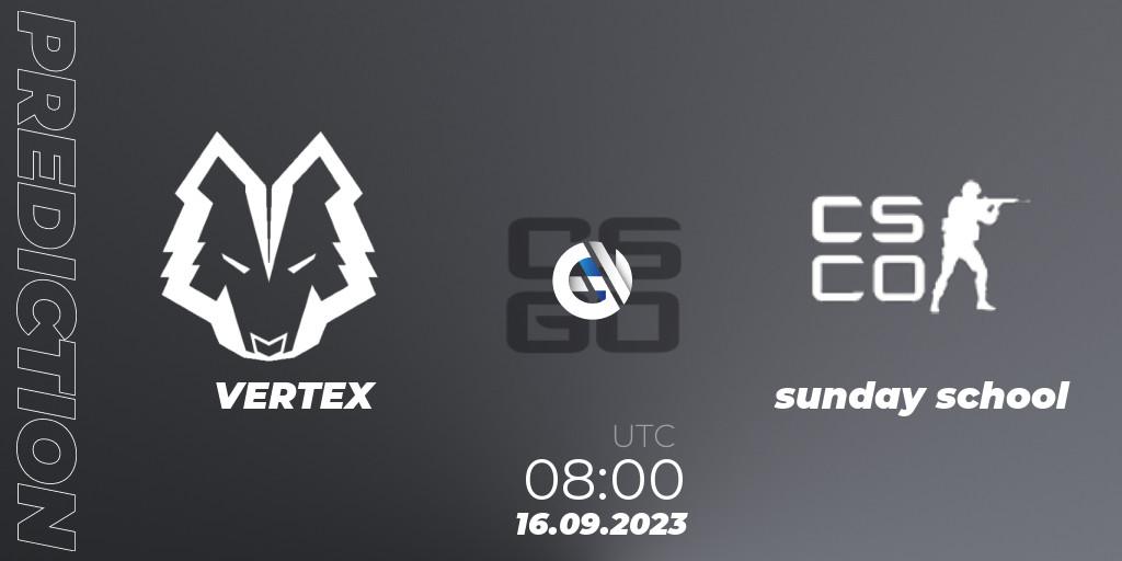 VERTEX vs sunday school: Match Prediction. 16.09.2023 at 08:00, Counter-Strike (CS2), CCT Oceania Series #1