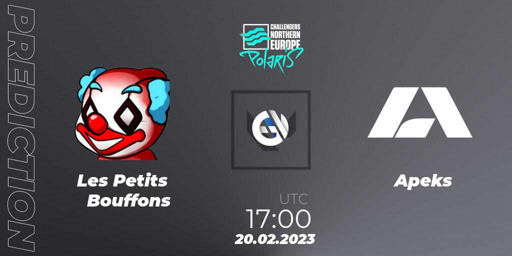 Les Petits Bouffons vs Apeks: Match Prediction. 20.02.2023 at 17:00, VALORANT, VALORANT Challengers 2023 Northern Europe: Polaris Split 1
