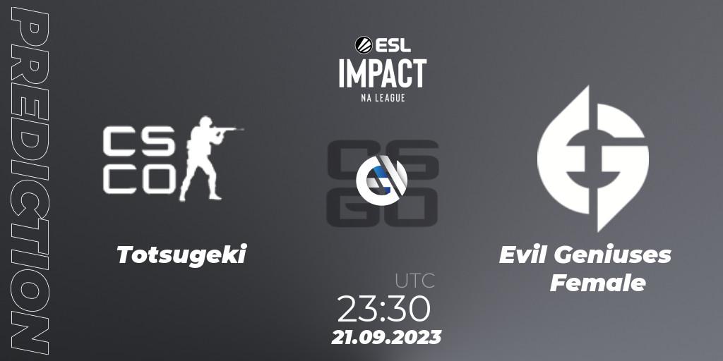 Totsugeki vs Evil Geniuses Female: Match Prediction. 21.09.23, CS2 (CS:GO), ESL Impact League Season 4: North American Division