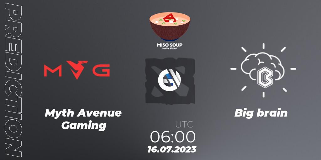 Myth Avenue Gaming vs Big brain: Match Prediction. 16.07.2023 at 06:06, Dota 2, Moon Studio Miso Soup