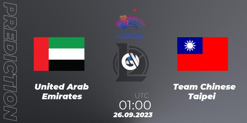 United Arab Emirates vs Team Chinese Taipei: Match Prediction. 26.09.2023 at 01:00, LoL, 2022 Asian Games