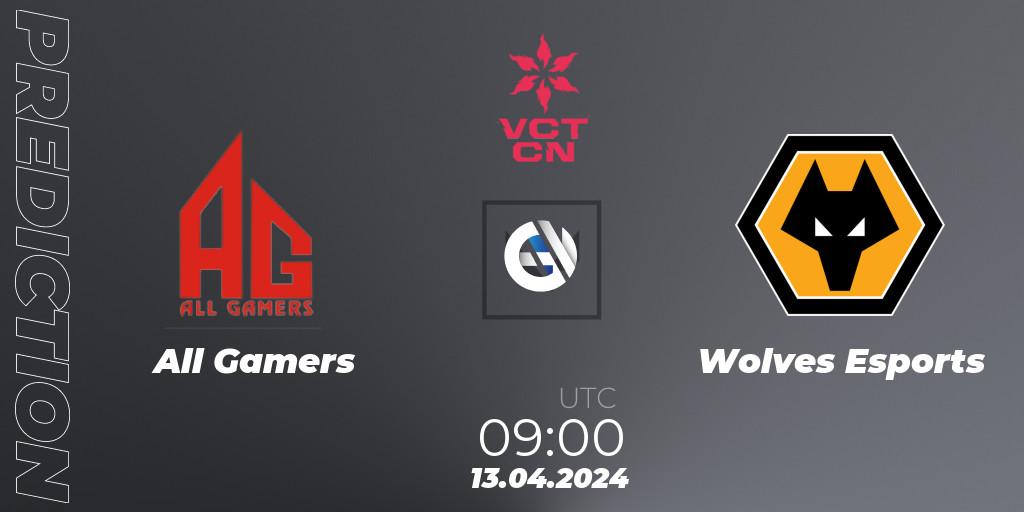 All Gamers vs Wolves Esports: Match Prediction. 13.04.2024 at 09:00, VALORANT, VALORANT Champions Tour China 2024: Stage 1 - Group Stage