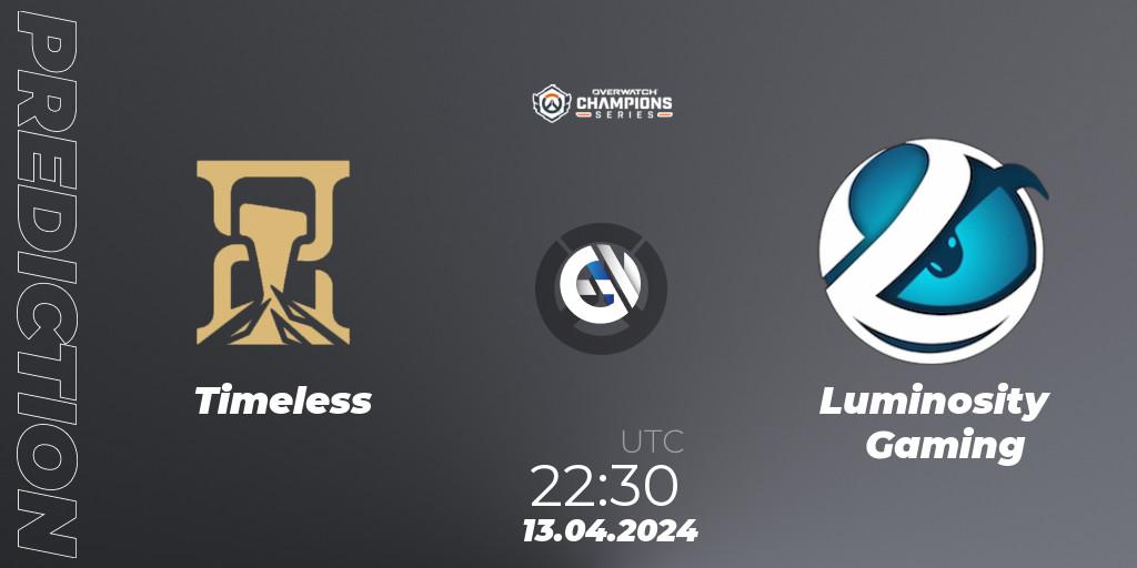 Timeless vs Luminosity Gaming: Match Prediction. 13.04.2024 at 22:30, Overwatch, Overwatch Champions Series 2024 - North America Stage 2 Group Stage