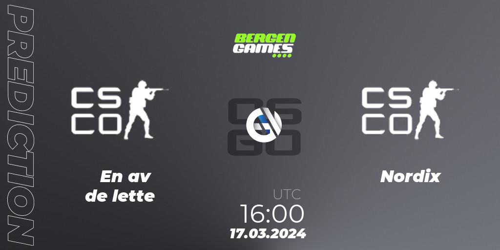 En av de lette vs Nordix Esport: Match Prediction. 17.03.24, CS2 (CS:GO), Bergen Games 2024
